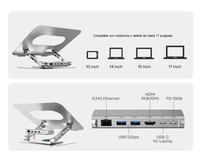 Soporte para Notebook Unitek con HUB USB-C Desmontable 360°