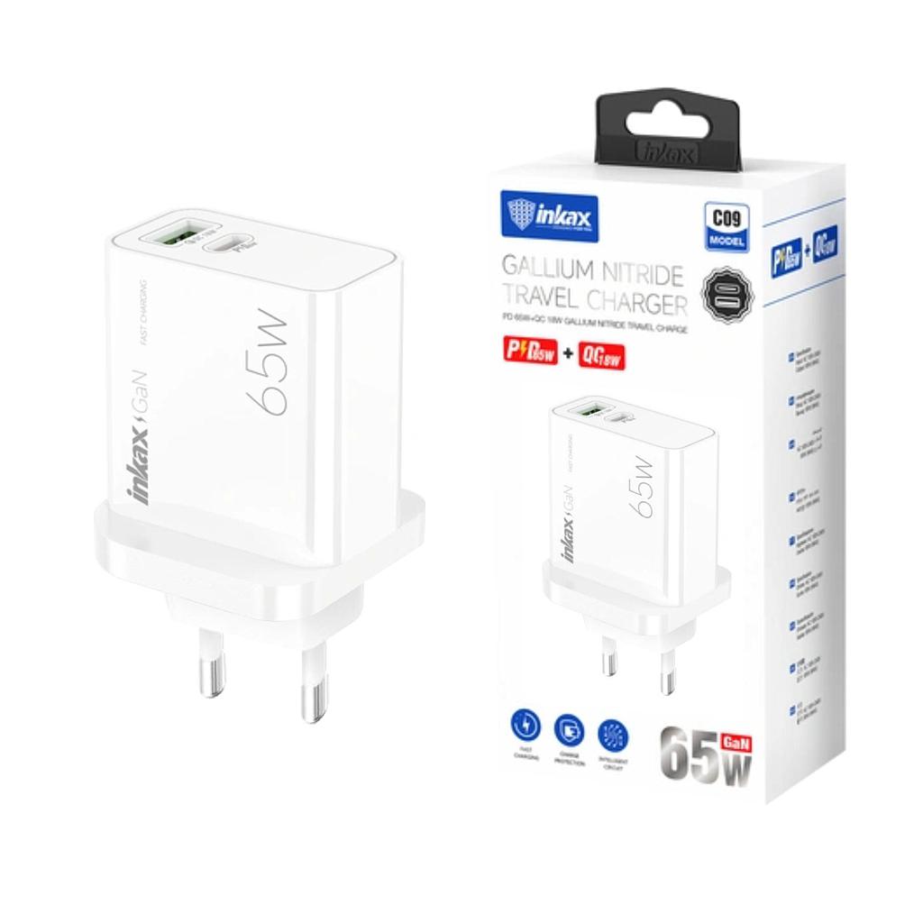 Cargador Inkax USB-A+C GaN 65W Blanco