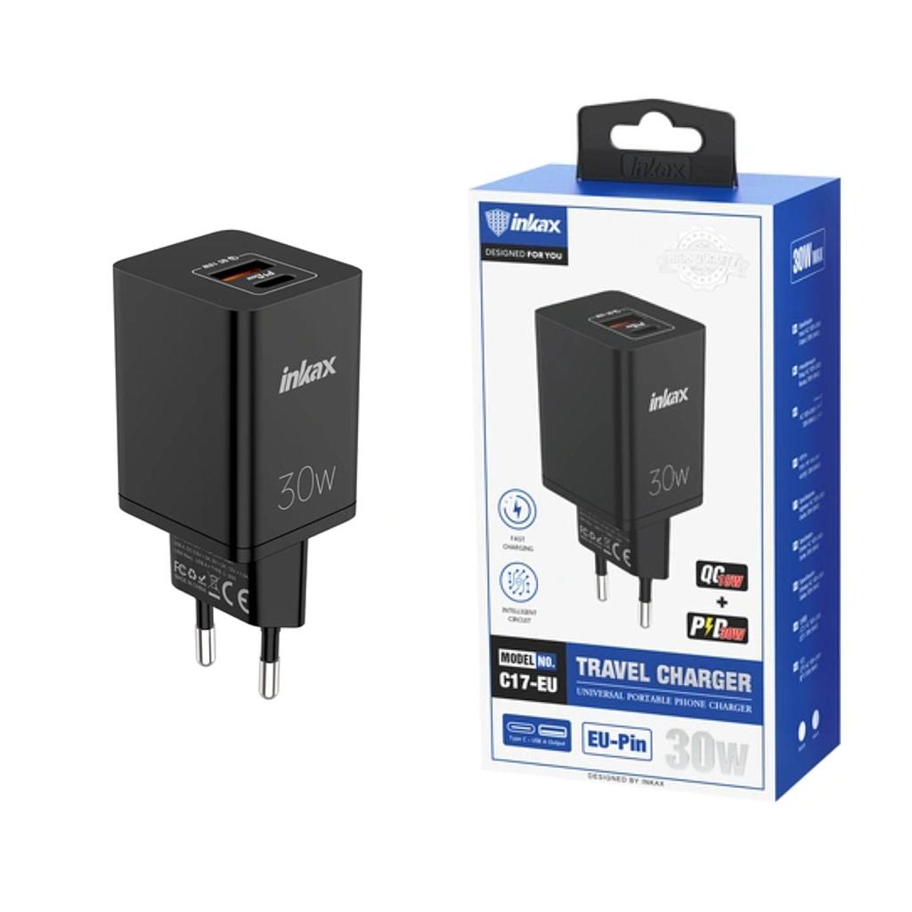 Cargador Inkax USB-A+C PD 30W negro