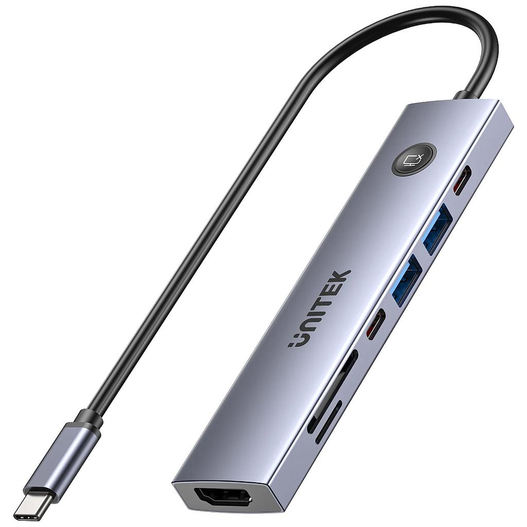 HUB USB-C Unitek 7 en 1 con botón screen on/off 